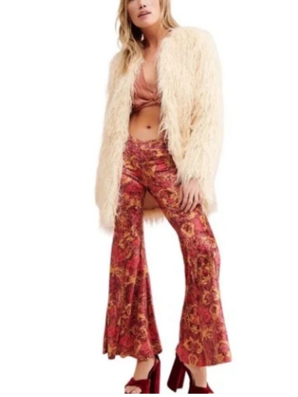 FREE PEOPLE HOLD ME CLOSER VELOUR BELL BOTTOMS MED